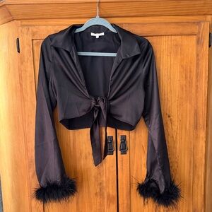 Elegant Black Tie-Front shrug with Feather Cuffs